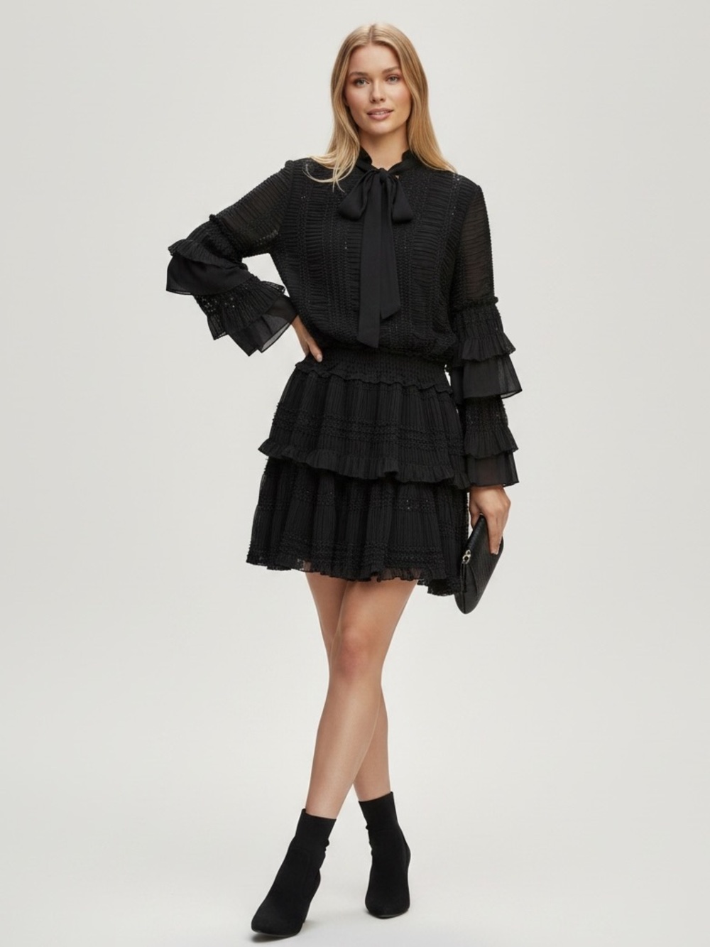 KAS New York NWOT Black Sequin Ruffle Tiered Mini Dress Gothic Romantic Sz S‎